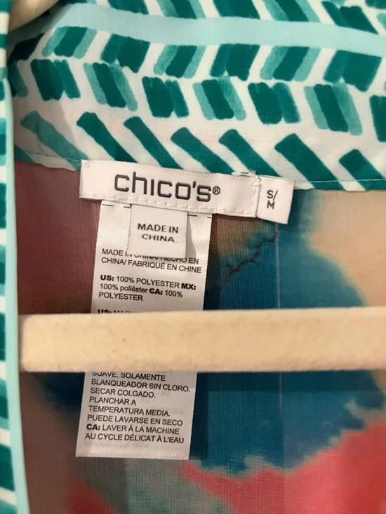 Chico's Multicolor Watercolor Open-Front Kimono with Teal Trim - Picture 4 of 8